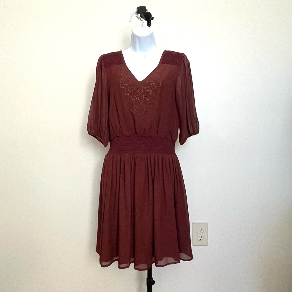 Thimble & Thread Maroon Beaded Chiffon Dress Wonens Medium Boho Smocked Waist